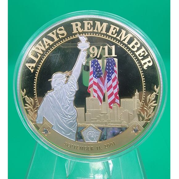 Always Remember 9/11-2021-100 mm Gold & Silver-Plated Coin & 4 Swarovski Crystal - Picture 1 of 6